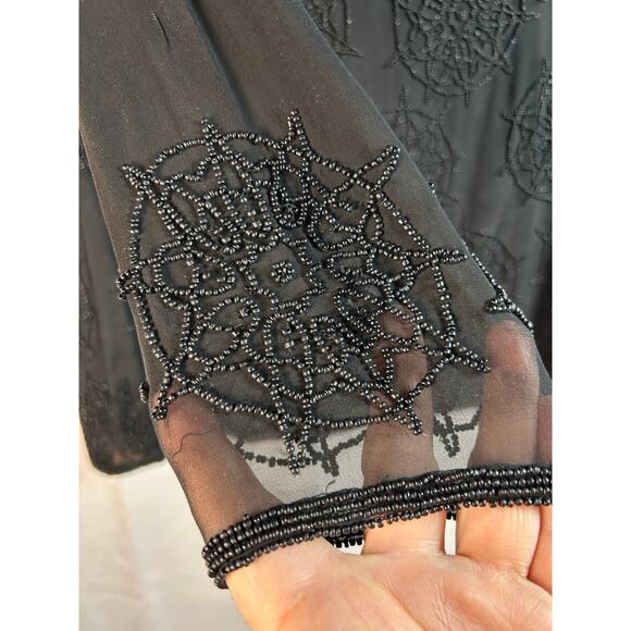 Nipon night vintage silk blouse circular beaded application Sheer sleeves chest. - Picture 3 of 7